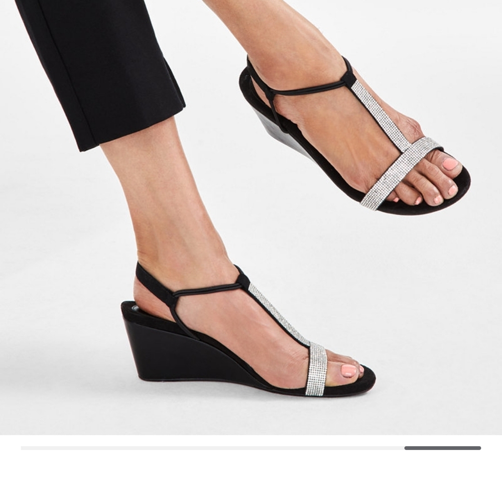 Chic Black and Silver T-Strap Wedges